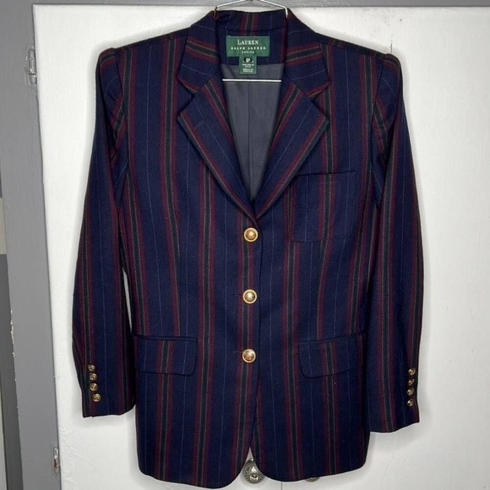lauren ralph lauren womens wool blazer 8 petite Navy Pinstripe Multicolor